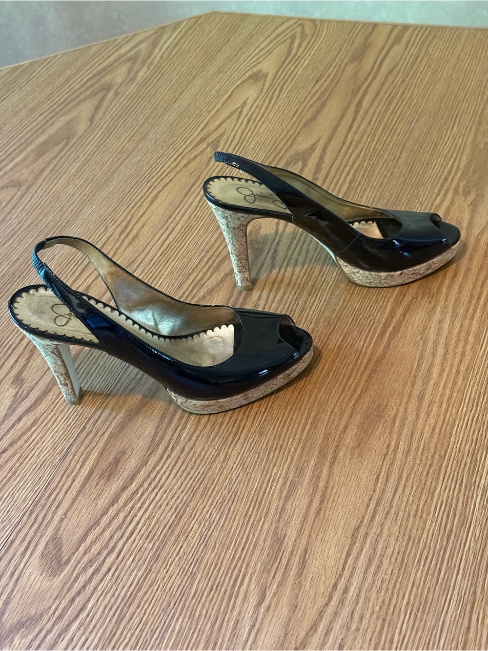 Jessica Simpson Black Patent Peep-Toe Slingback Heels with Cork Platform